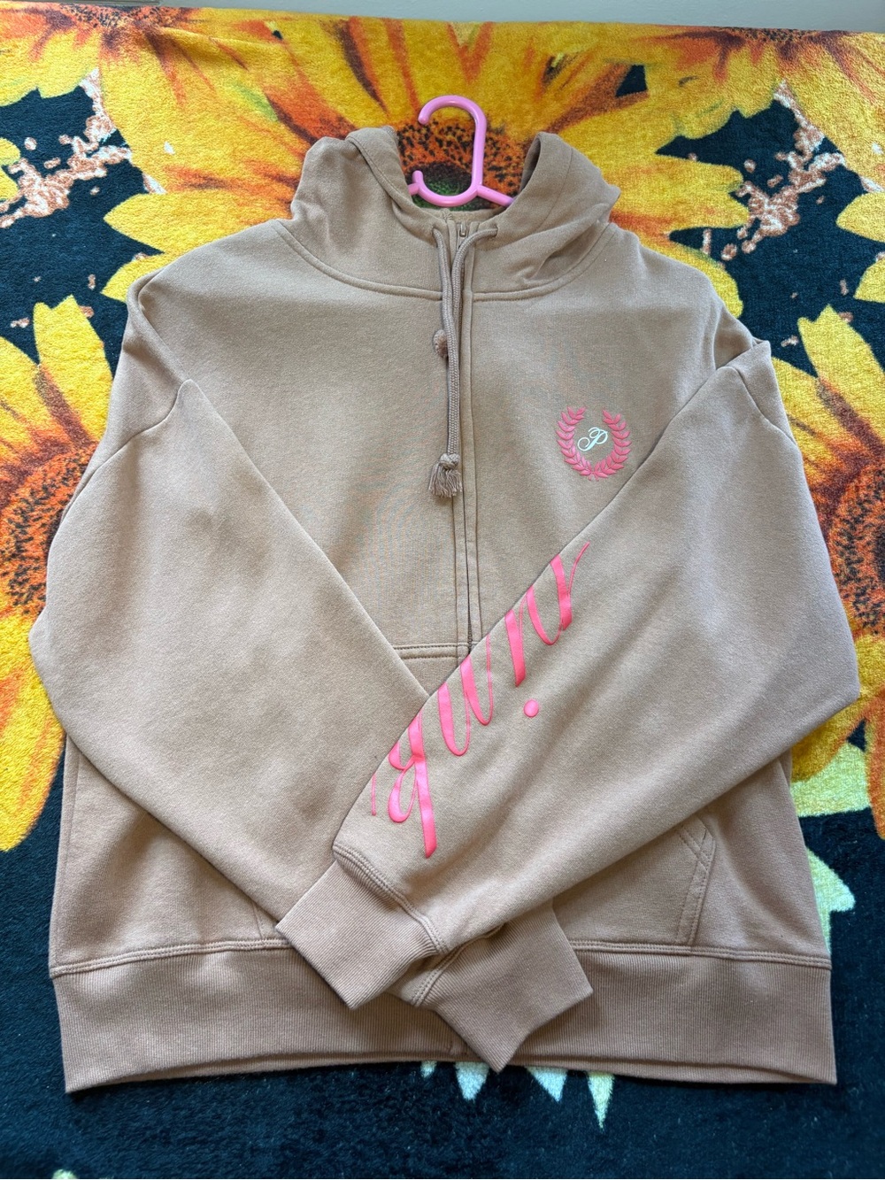 PINK Victoria's Secret Tan Hoodie with Pink Script Sleeve